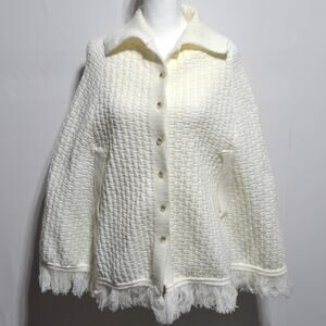 Wintuk Vintage White Knit Poncho Fringe Cape Collared Button Down
